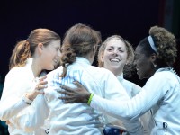 Susie Scanlan and the women's epee team after defeating Italy